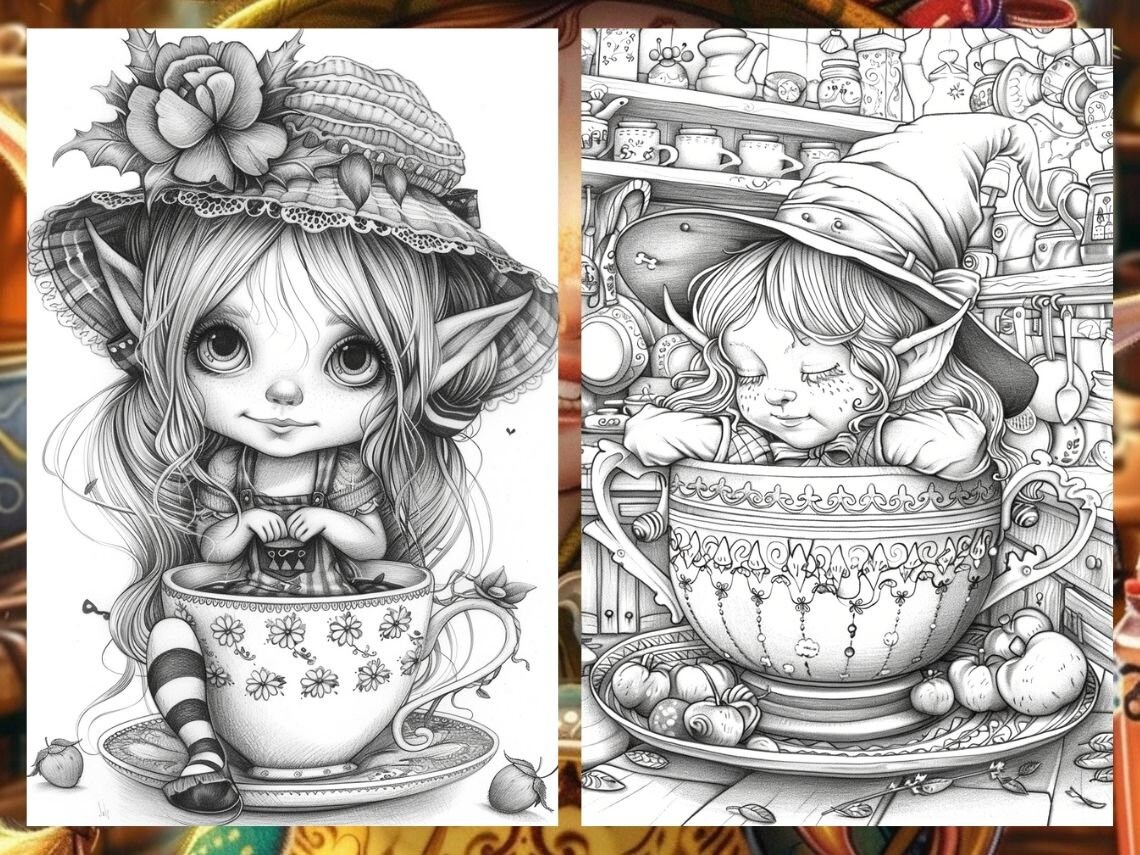 Teacup Coloring FAIRYTALE COLORING PAGES Magical Adult Printable Elf
