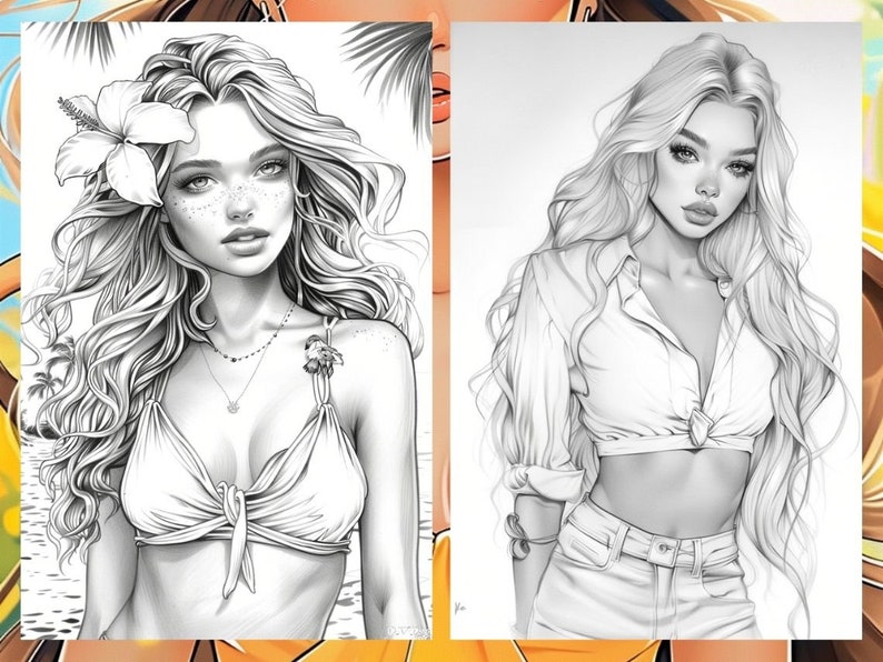 Summer Fashion Girl Coloring Book, Tropical Pages Women Adult Printable, Beach Theme Coloring Pages Adult, Instant Download PDF