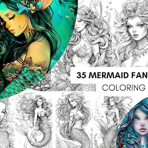 Fantasy Mermaid Coloring Book, Coloring Book for Adults and Kids, 35 Mermaid Coloring Sheets