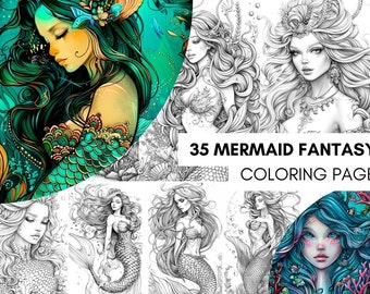 Fantasy Mermaid Coloring Book, Coloring Book for Adults and Kids, 35 Mermaid Coloring Sheets