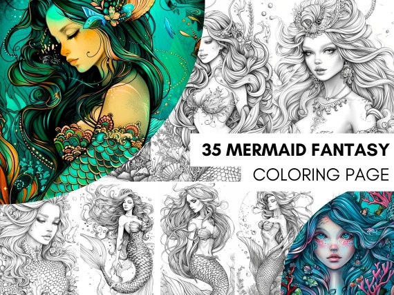 Libro para Colorear de Sirenas de Fantasía, libro para colorear para adultos y niños, 35 hojas para colorear de sirenas