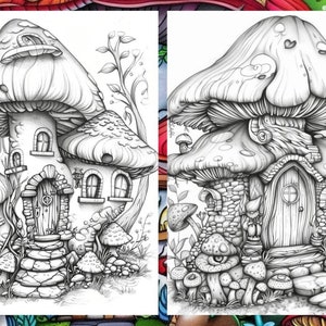 Enchanted Forest Mushroom House Coloring Book, Gnome Coloring Book, Fairytale Garden Coloring Pages, Fairy Coloring Pages for Adults PDF
