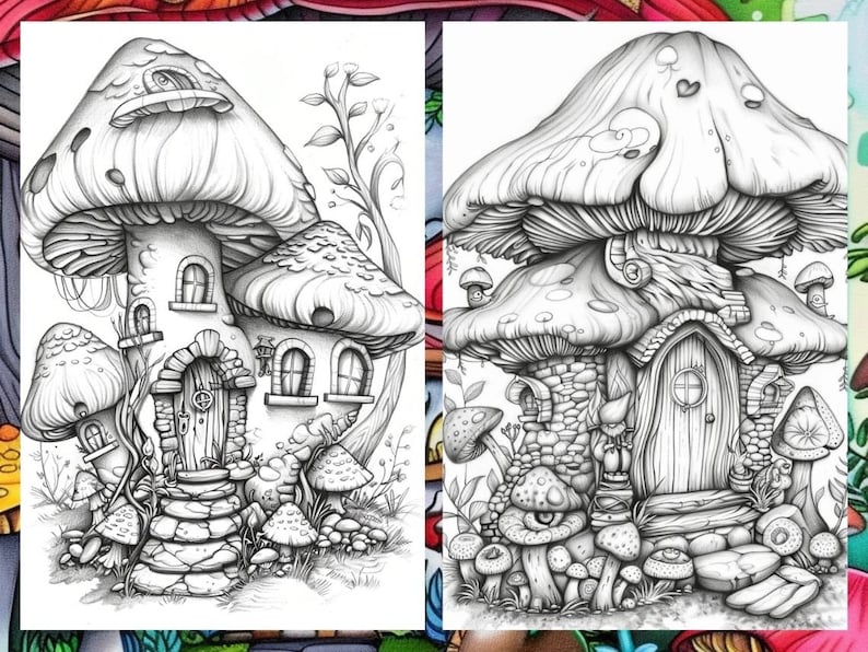 Enchanted Forest Mushroom House Coloring Book, Gnome Coloring Book, Fairytale Garden Coloring Pages, Fairy Coloring Pages for Adults PDF