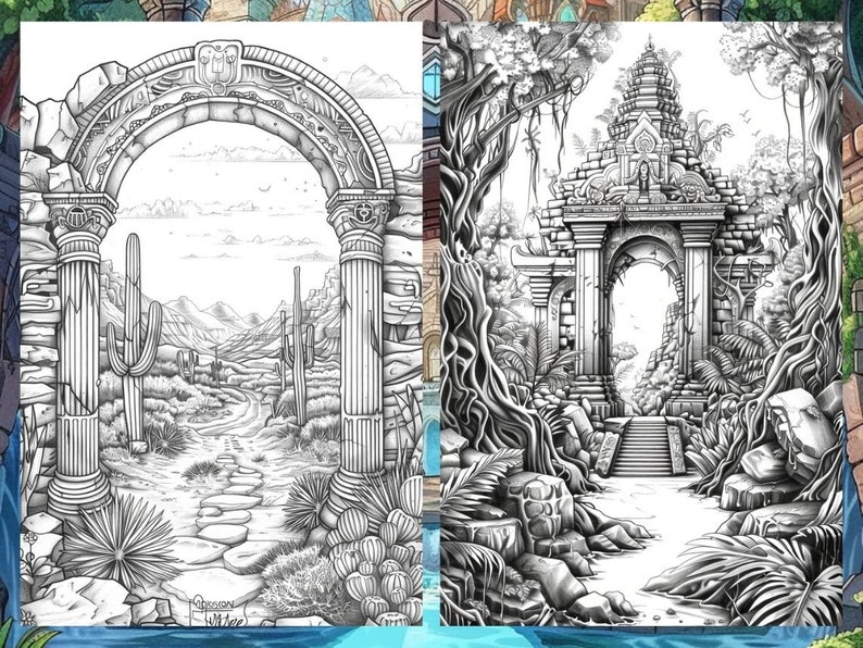 Op de afbeelding: Een zwart-witte tekening van een oude stenen boog met een pad dat er doorheen loopt. De boog is omgeven door bomen en planten. De tekening is in realistische stijl.