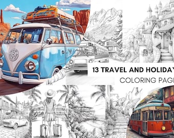 Travel Digital Coloring Book for Adult, Holiday Coloring Pages, Travel Coloring Book, Instant Digital Download Printable Pdf File