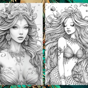 May include: Two black and white illustrations of mermaids. The mermaid on the left is wearing a crown and jewelry. The mermaid on the right is wearing a seashell bra and has long flowing hair.
