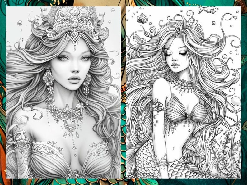 May include: Two black and white illustrations of mermaids. The mermaid on the left is wearing a crown and jewelry. The mermaid on the right is wearing a seashell bra and has long flowing hair.