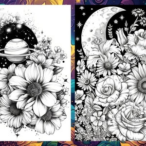 Magic Celestial Space Floral Coloring Book for Adults, Flower Sun Moon Fairytale Coloring Pages Printable, Grayscale Book, Instant PDF