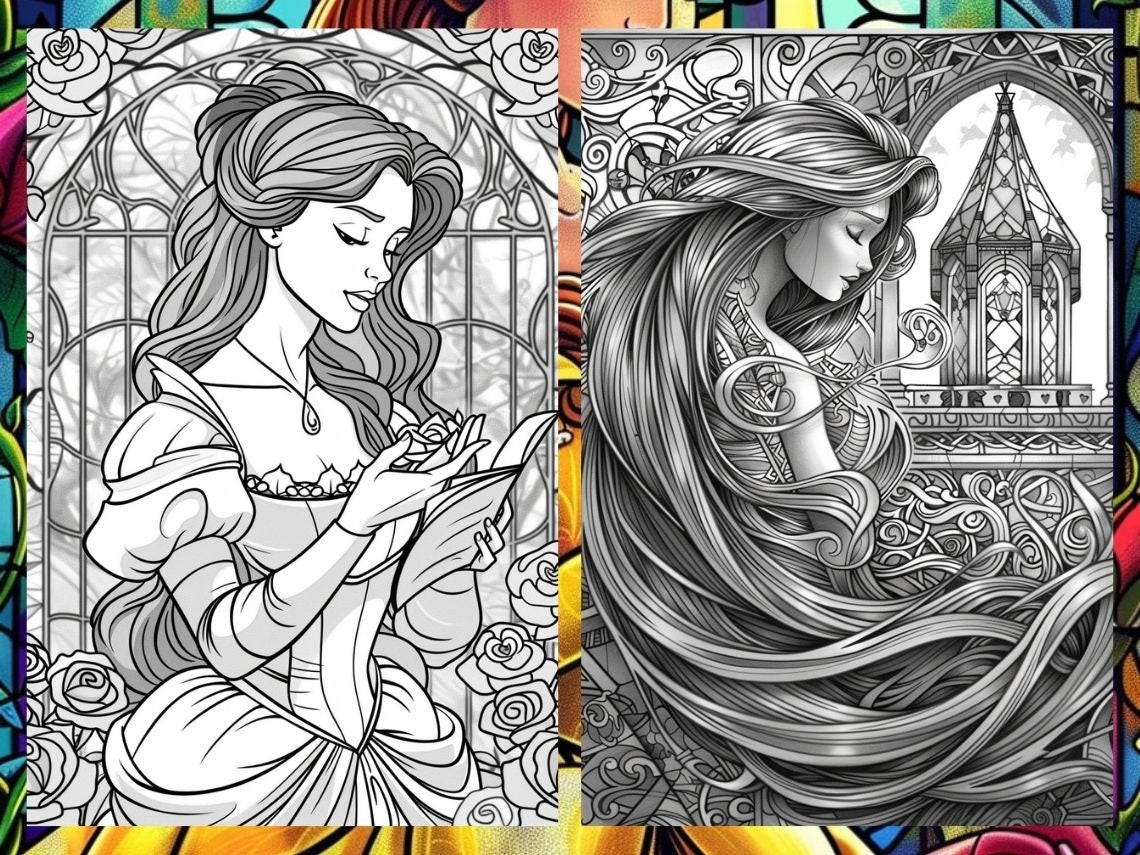 54 Princess Stained Glass Coloring Book, Art Nouveau Style, Coloring ...