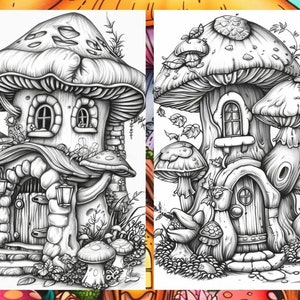 May include: Two black and white illustrations of mushroom houses. The first house has a single large mushroom with a small mushroom on the side. The second house has three mushrooms stacked on top of each other.