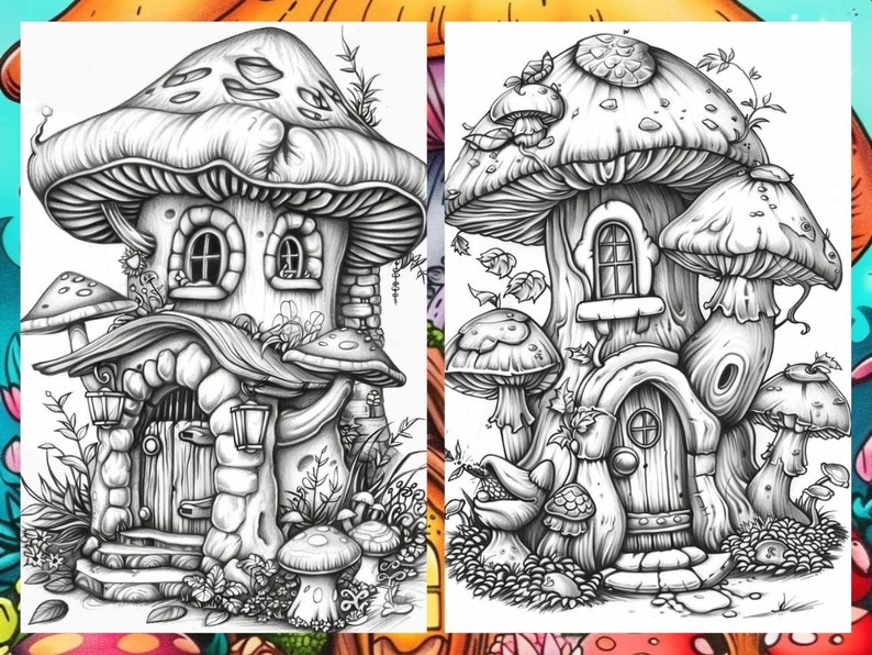 May include: Two black and white illustrations of mushroom houses. The first house has a single large mushroom with a small mushroom on the side. The second house has three mushrooms stacked on top of each other.