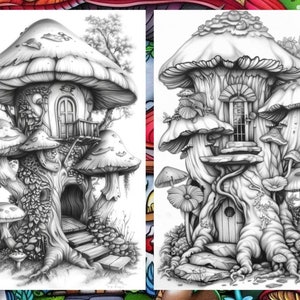 Enchanted Forest Mushroom House Coloring Book, Gnome Coloring Book, Fairytale Garden Coloring Pages, Fairy Coloring Pages for Adults PDF