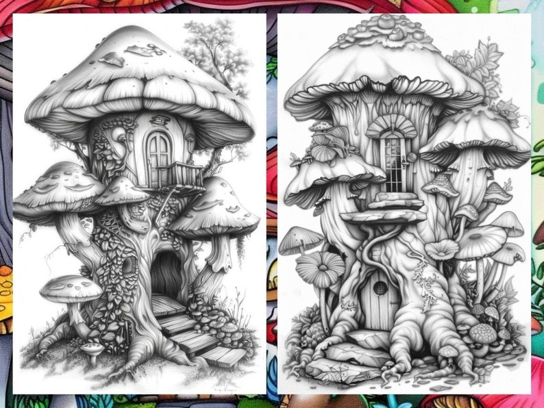 Enchanted Forest Mushroom House Coloring Book, Gnome Coloring Book, Fairytale Garden Coloring Pages, Fairy Coloring Pages for Adults PDF