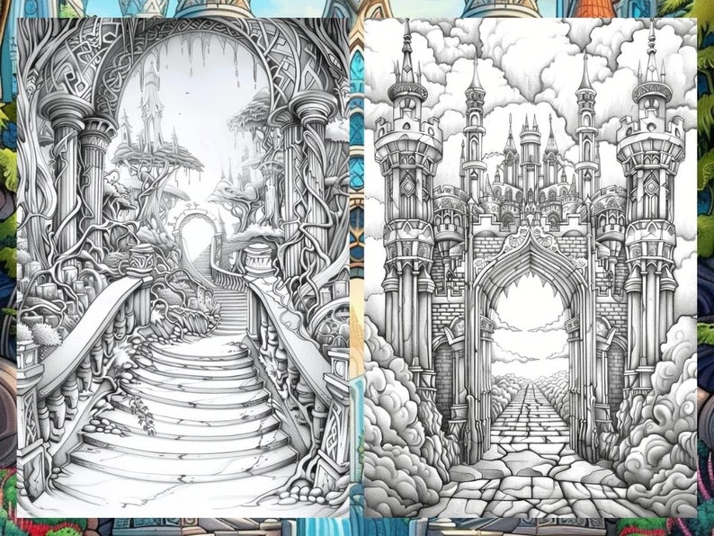 Op de afbeelding: Een zwart-witte illustratie van een kasteel met een grote boog die leidt naar een pad dat verdwijnt in de wolken. Het kasteel is gedetailleerd met ingewikkelde ontwerpen en torens.