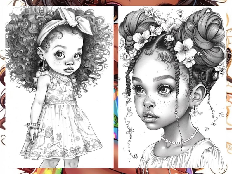 Cute Little Black Women Coloring Book Page, Manga Anime Women Coloring Pages for Adult, Hair Coloring Book, Printable PDF, Instant Download