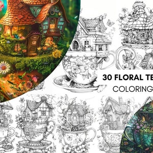 Könnte beinhalten: Eine Malvorlage mit 30 floralen Teetassen-Designs. Jede Teetasse ist mit einem fantasievollen Häuschen gefüllt, umgeben von Blumen und Grün. Die Vorlage ist perfekt für Erwachsene und Kinder, die es lieben, komplizierte Designs zu kolorieren.