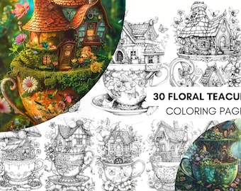 Teacup Coloring FLORAL Fairy House Adult COLORING PAGES – Beauty Fantastical Magic Design Coloring Pages In Pdf Format Printable Creature
