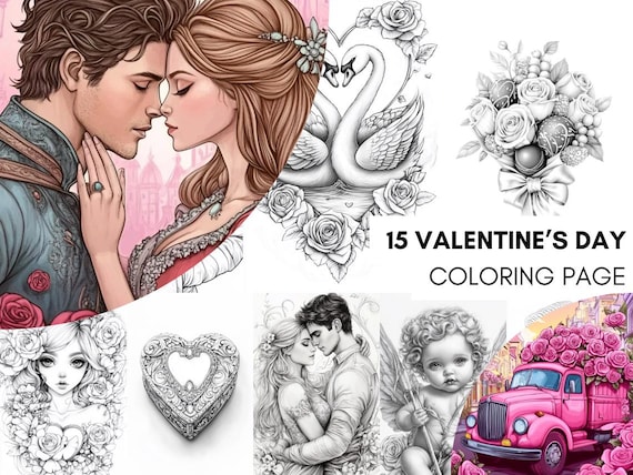 Páginas para Colorear del Día de San Valentín, Hojas para Colorear de Amor para Adultos Imprimibles, Libro de Colorear para Parejas PDF