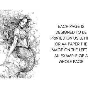 May include: A black and white illustration of a mermaid with long flowing hair and a tail. The image is designed to be printed on US letter or A4 paper.