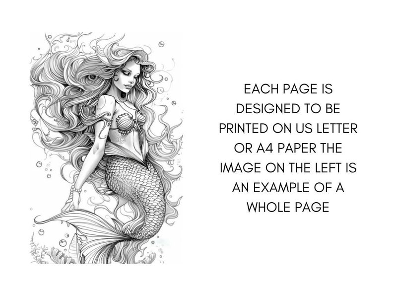 May include: A black and white illustration of a mermaid with long flowing hair and a tail. The image is designed to be printed on US letter or A4 paper.