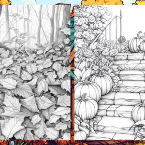 Fall Coloring Book Autumn Landscape Coloring Pages, Pumpkin Coloring Sheets for Adult Digital Download PDF, Enchanted Forest Printable Book