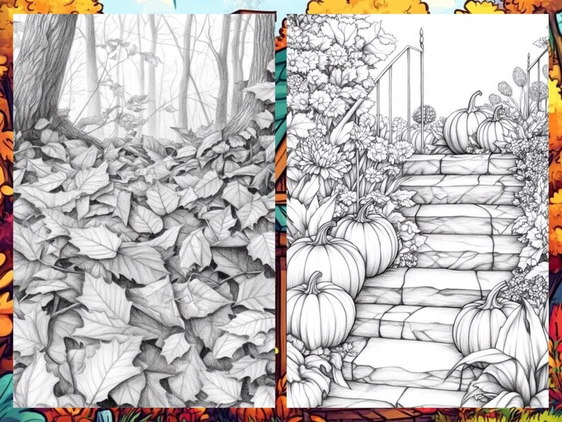 Fall Coloring Book Autumn Landscape Coloring Pages, Pumpkin Coloring Sheets for Adult Digital Download PDF, Enchanted Forest Printable Book
