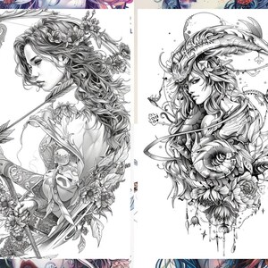 K&ouml;nnte beinhalten: Zwei Schwarzwei&szlig;illustrationen von Frauen mit aufwendigen Blumendesigns. Die erste Illustration zeigt eine Frau mit langen Haaren, die einen Bogen und Pfeil h&auml;lt. Die zweite Illustration zeigt eine Frau mit langen Haaren und H&ouml;rnern, umgeben von Blumen und Ranken.