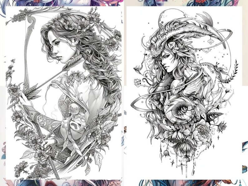 K&ouml;nnte beinhalten: Zwei Schwarzwei&szlig;illustrationen von Frauen mit aufwendigen Blumendesigns. Die erste Illustration zeigt eine Frau mit langen Haaren, die einen Bogen und Pfeil h&auml;lt. Die zweite Illustration zeigt eine Frau mit langen Haaren und H&ouml;rnern, umgeben von Blumen und Ranken.
