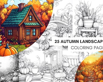 Fall Coloring Book Autumn Landscape Coloring Pages, Pumpkin Coloring Sheets for Adult Digital Download PDF, Enchanted Forest Printable Book