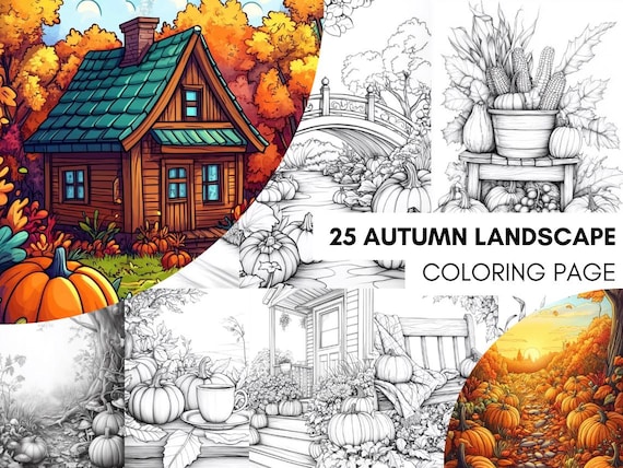 Libro para Colorear de Otoño, Páginas para Colorear de Paisajes Otoñales, Hojas para Colorear de Calabazas para Adultos Descarga Digital PDF