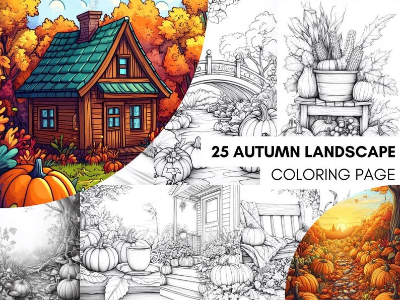 Fall Coloring Book Autumn Landscape Coloring Pages, Pumpkin Coloring Sheets for Adult Digital Download PDF, Enchanted Forest Printable Book