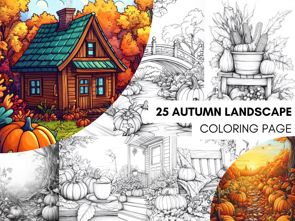 Fall Coloring Book Autumn Landscape Coloring Pages, Pumpkin Coloring ...