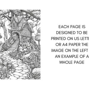 May include: A black and white illustration of a stone path leading to a treehouse with a stone roof and a winding staircase. The treehouse is surrounded by trees and foliage.