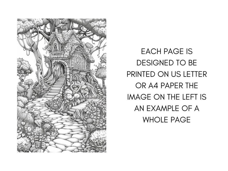 May include: A black and white illustration of a stone path leading to a treehouse with a stone roof and a winding staircase. The treehouse is surrounded by trees and foliage.