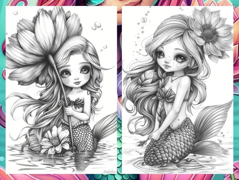 Cute little mermaid, Fantasy Coloring, Adult Coloring Pages