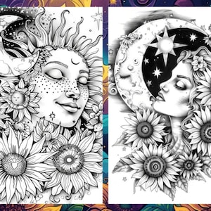 Magic Celestial Space Floral Coloring Book for Adults, Flower Sun Moon Fairytale Coloring Pages Printable, Grayscale Book, Instant PDF