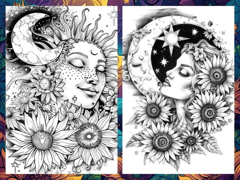 Magic Celestial Space Floral Coloring Book for Adults, Flower Sun Moon Fairytale Coloring Pages Printable, Grayscale Book, Instant PDF