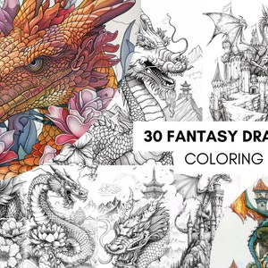 30 Magical Fantasy Coloring Book Pages for Kids Adults, Dragons and Castles Garden Forest, Coloring Sheets Printable, Creature Coloring, PDF