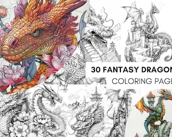 30 Magical Fantasy Coloring Book Pages for Kids Adults, Dragons and Castles Garden Forest, Coloring Sheets Printable, Creature Coloring, PDF