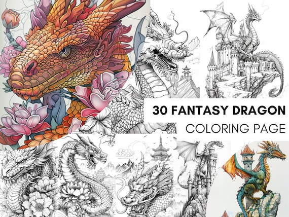 30 Páginas Libro para Colorear de Fantasía Mágica para Niños Adultos, Hojas para Colorear jardín encantado, Dragones y Castillos imprimibles