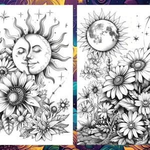 Magic Celestial Space Floral Coloring Book for Adults, Flower Sun Moon Fairytale Coloring Pages Printable, Grayscale Book, Instant PDF