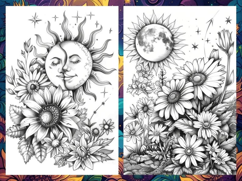Magic Celestial Space Floral Coloring Book for Adults, Flower Sun Moon Fairytale Coloring Pages Printable, Grayscale Book, Instant PDF
