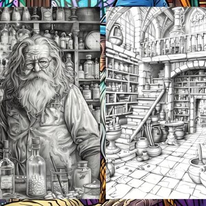 Whimsical Coloring Book, Fantasy Potion Bottle Pages, Magician Mystical Enchanted Fairytale Adults Digital Printable Download, Instant PDF