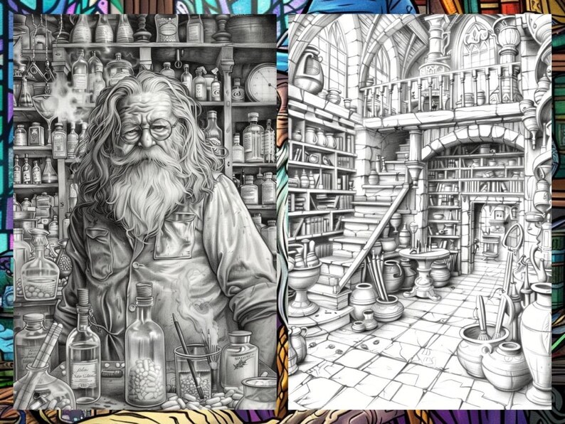 Whimsical Coloring Book, Fantasy Potion Bottle Pages, Magician Mystical Enchanted Fairytale Adults Digital Printable Download, Instant PDF