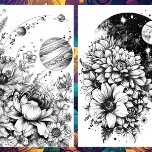 Magic Celestial Space Floral Coloring Book for Adults, Flower Sun Moon Fairytale Coloring Pages Printable, Grayscale Book, Instant PDF