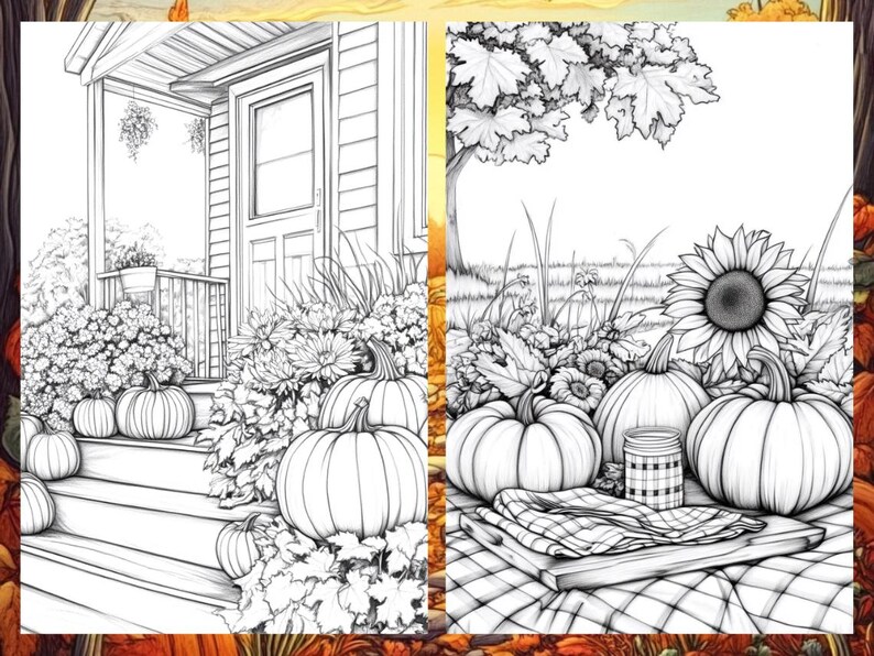 Fall Coloring Book Autumn Landscape Coloring Pages, Pumpkin Coloring Sheets for Adult Digital Download PDF, Enchanted Forest Printable Book