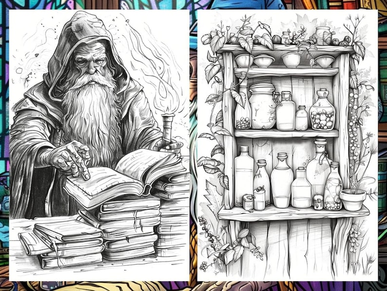 Whimsical Coloring Book, Fantasy Potion Bottle Pages, Magician Mystical Enchanted Fairytale Adults Digital Printable Download, Instant PDF