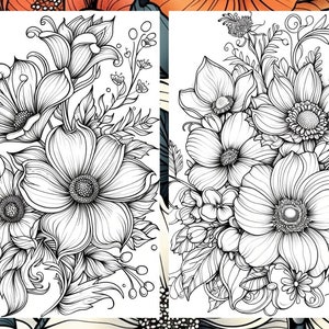 Puede incluir: Dos dibujos en blanco y negro de ramos de flores. Cada ramo presenta una variedad de flores, incluyendo an&eacute;mones, con detalles intrincados y enredaderas en espiral.