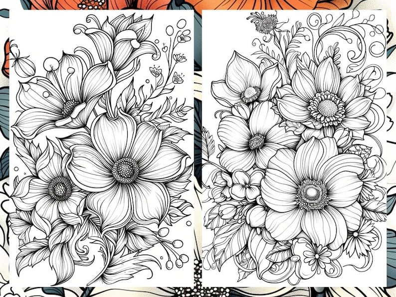Puede incluir: Dos dibujos en blanco y negro de ramos de flores. Cada ramo presenta una variedad de flores, incluyendo an&eacute;mones, con detalles intrincados y enredaderas en espiral.