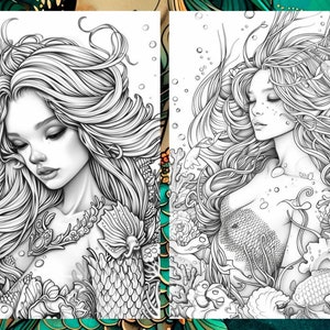May include: Two black and white line drawings of a mermaid with long flowing hair surrounded by sea life. The mermaid on the left is looking down and the mermaid on the right is looking up.